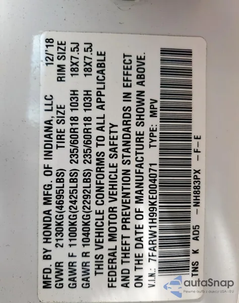 2019 Honda Cr-V Touring from USA, damaged, VIN 7FARW1H99KE004071